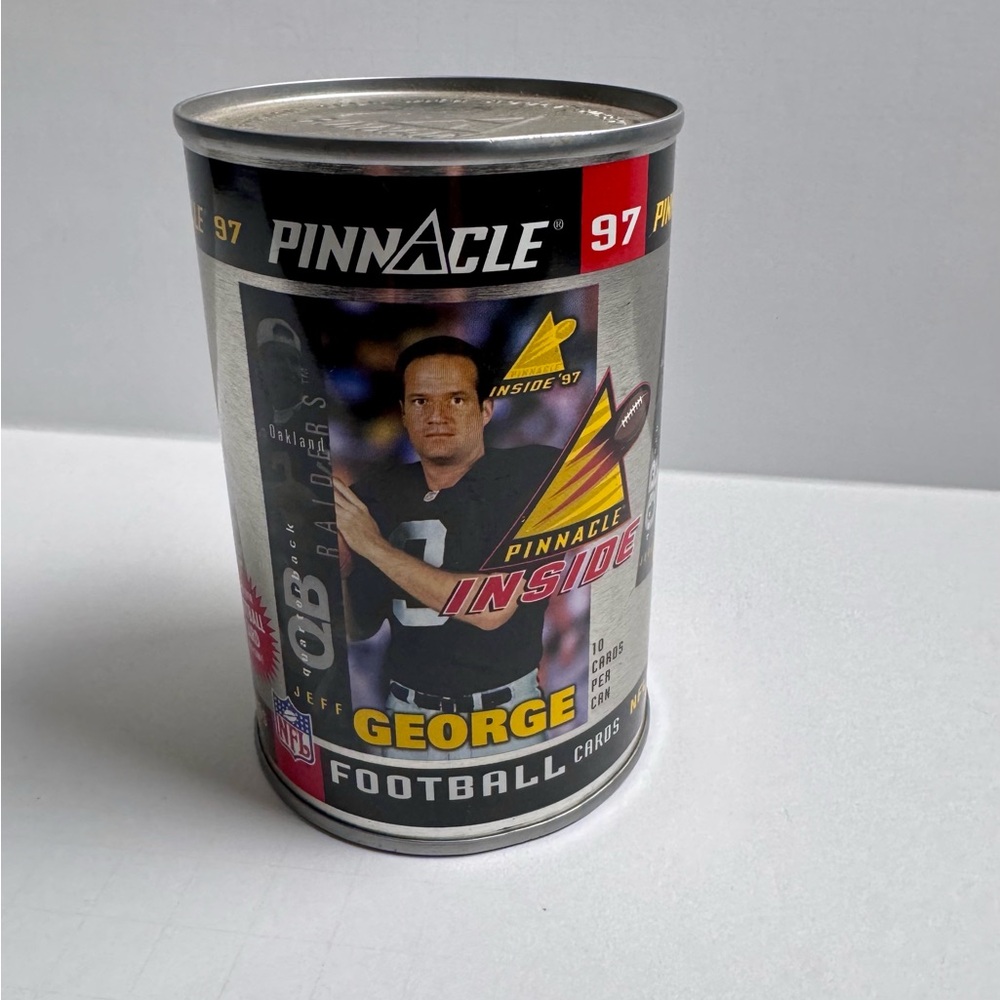 1997 Pinnacle Football Card in a can Jeff George.
Can Factory Sealed.